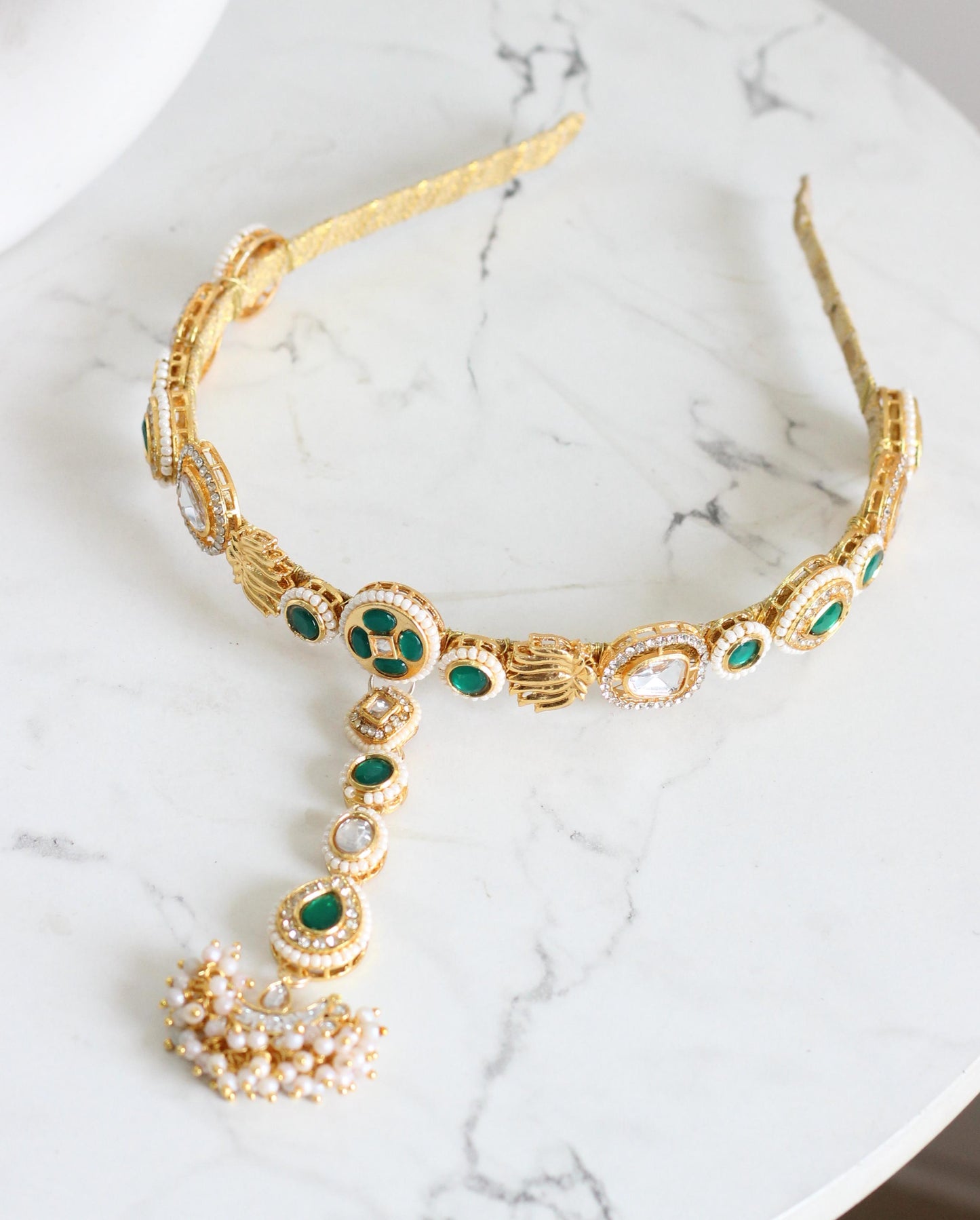 Emerald green kundan headband with maang teeka