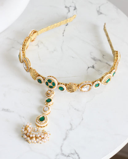 Emerald green kundan headband with maang teeka