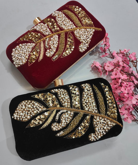 FEATHER bead work velvet clutch