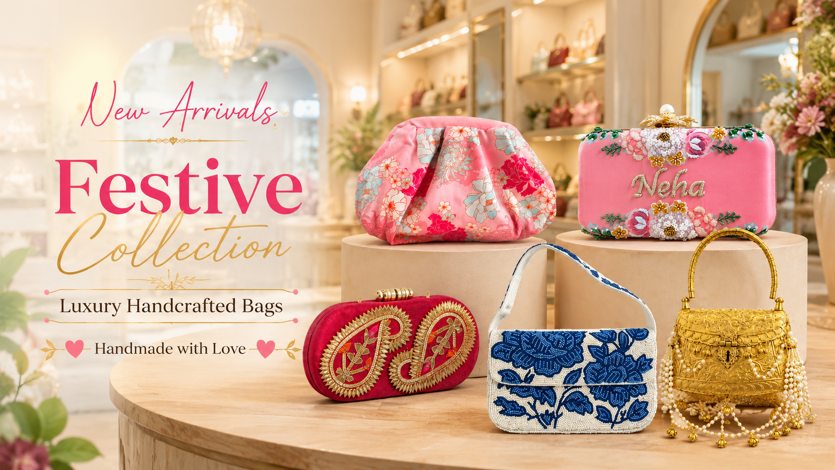 A promotional display of five luxury handcrafted clutch and shoulder bags arranged on a wooden table in a boutique setting. The bags include a pink floral pouch, a pink rectangular clutch with gold lettering, a red clutch with gold embroidery, a white clutch with blue floral embroidery, and a gold woven handbag.