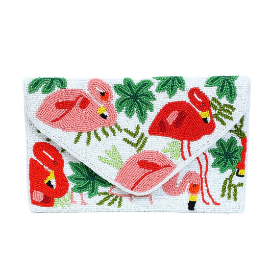 Flamingo white and pink bead work flap bag