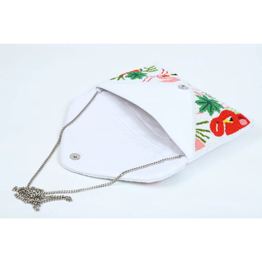 Flamingo white and pink bead work flap bag