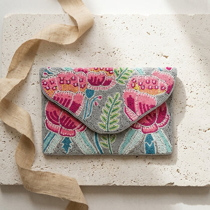 Pink and grey floral designer bead work flap bag