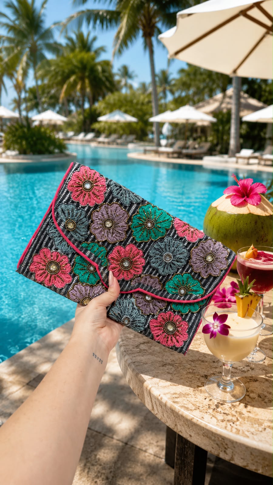 Floral black bead work flap bag
