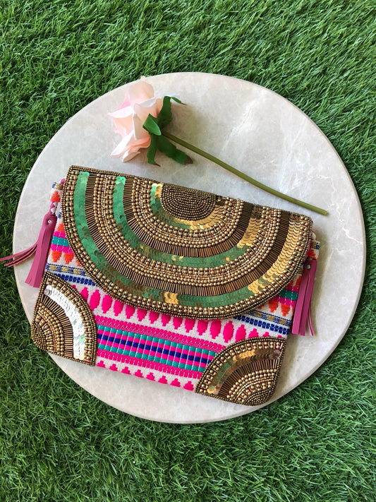 Pink boho bag with copper work