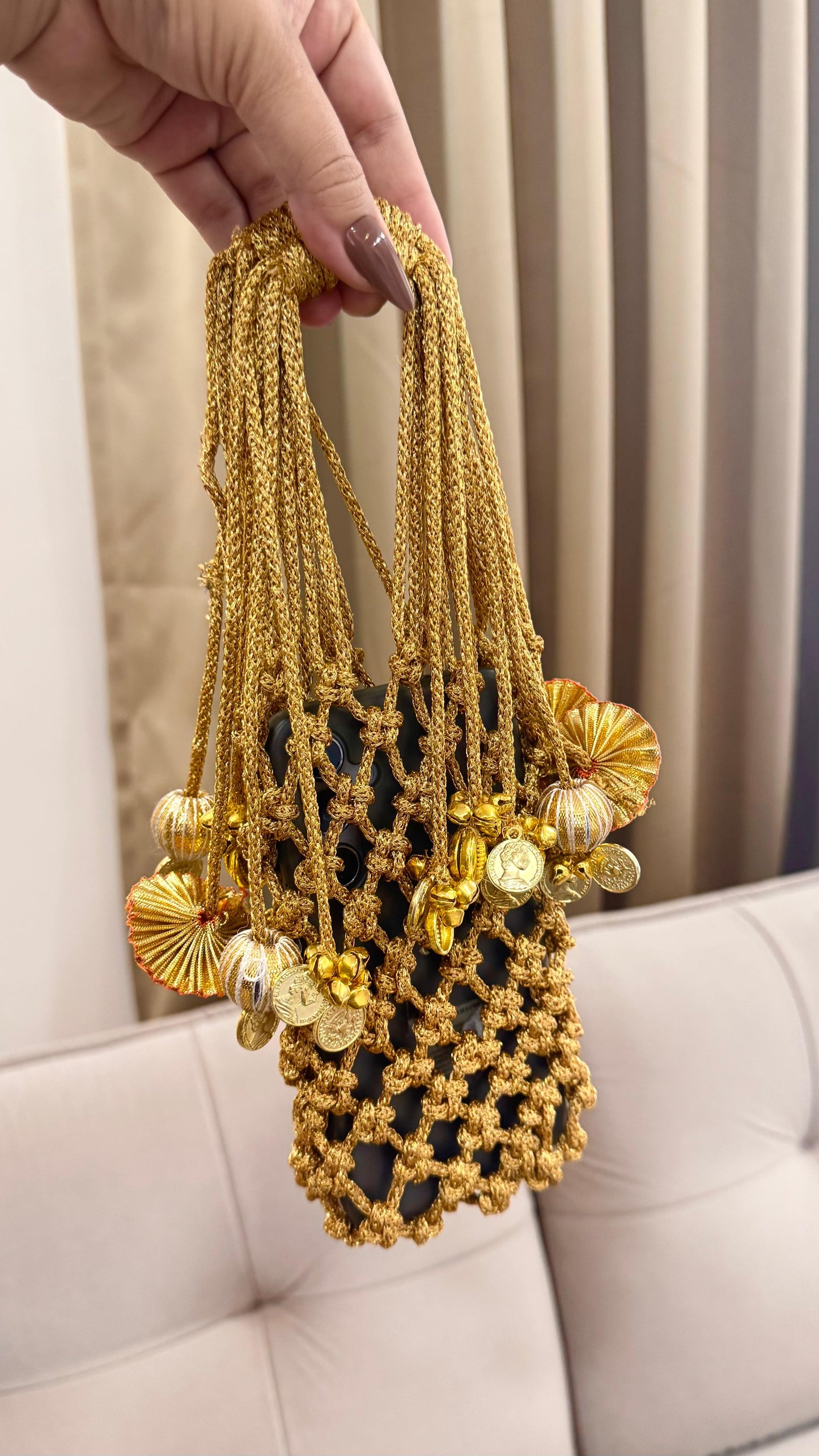 JHOOMAR handcrafted zari dori macramé phone case bags