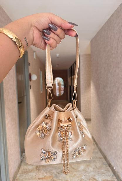 Satin Bucket Bags with Crystals