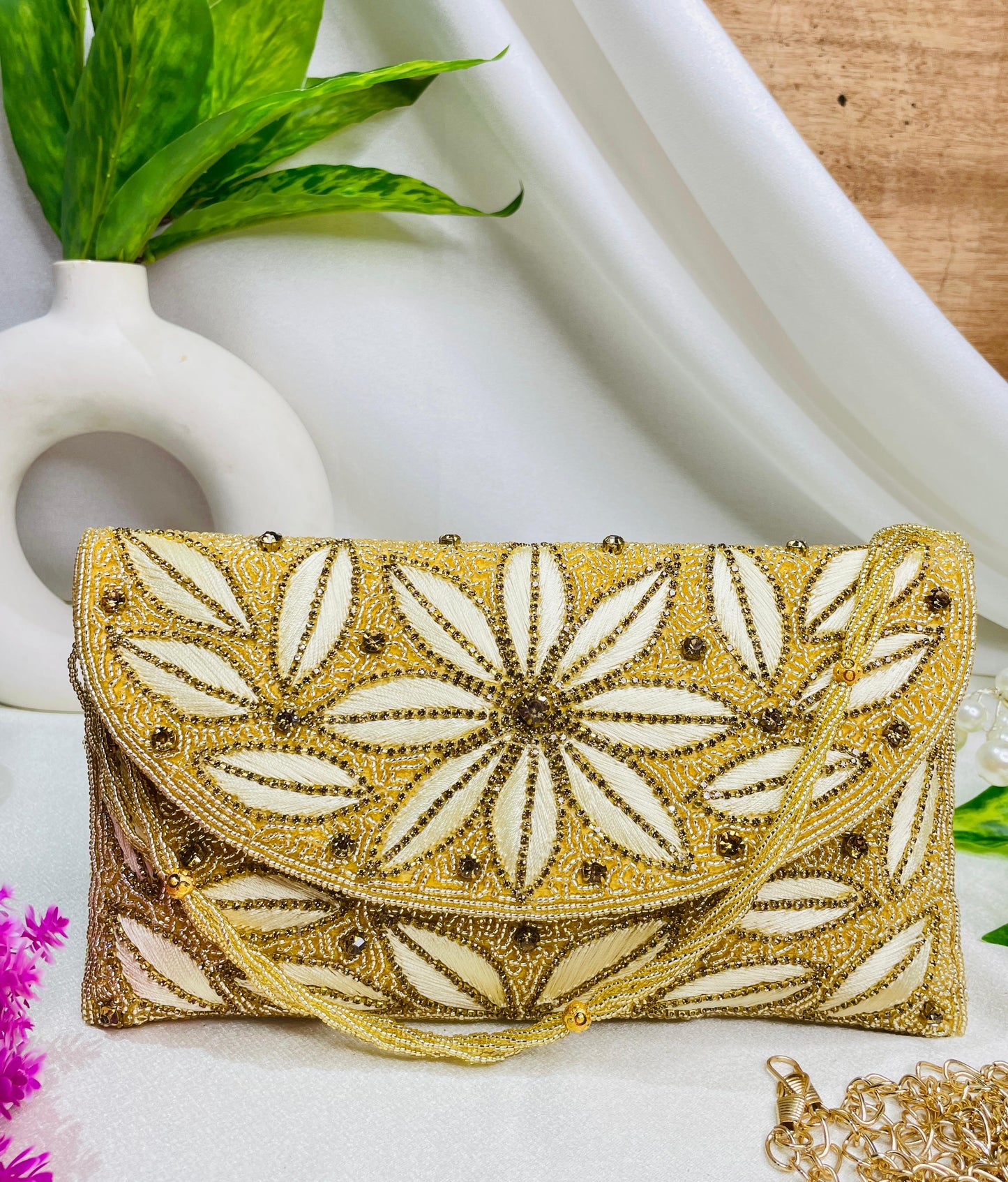 Resham and bead work classy flap clutch