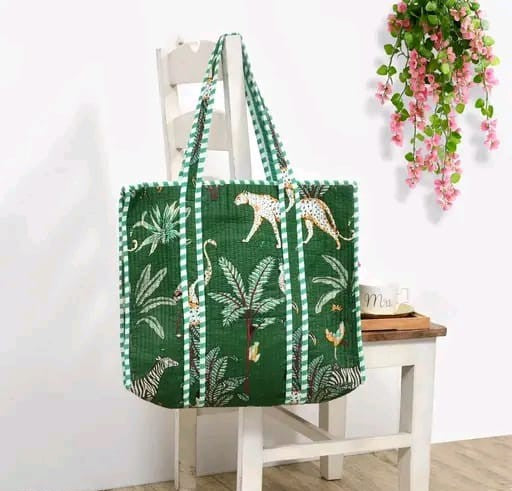 Green jungle print handmade quilted tote bag