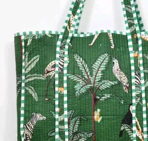 Green jungle print handmade quilted tote bag