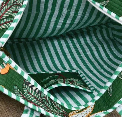 Green jungle print handmade quilted tote bag