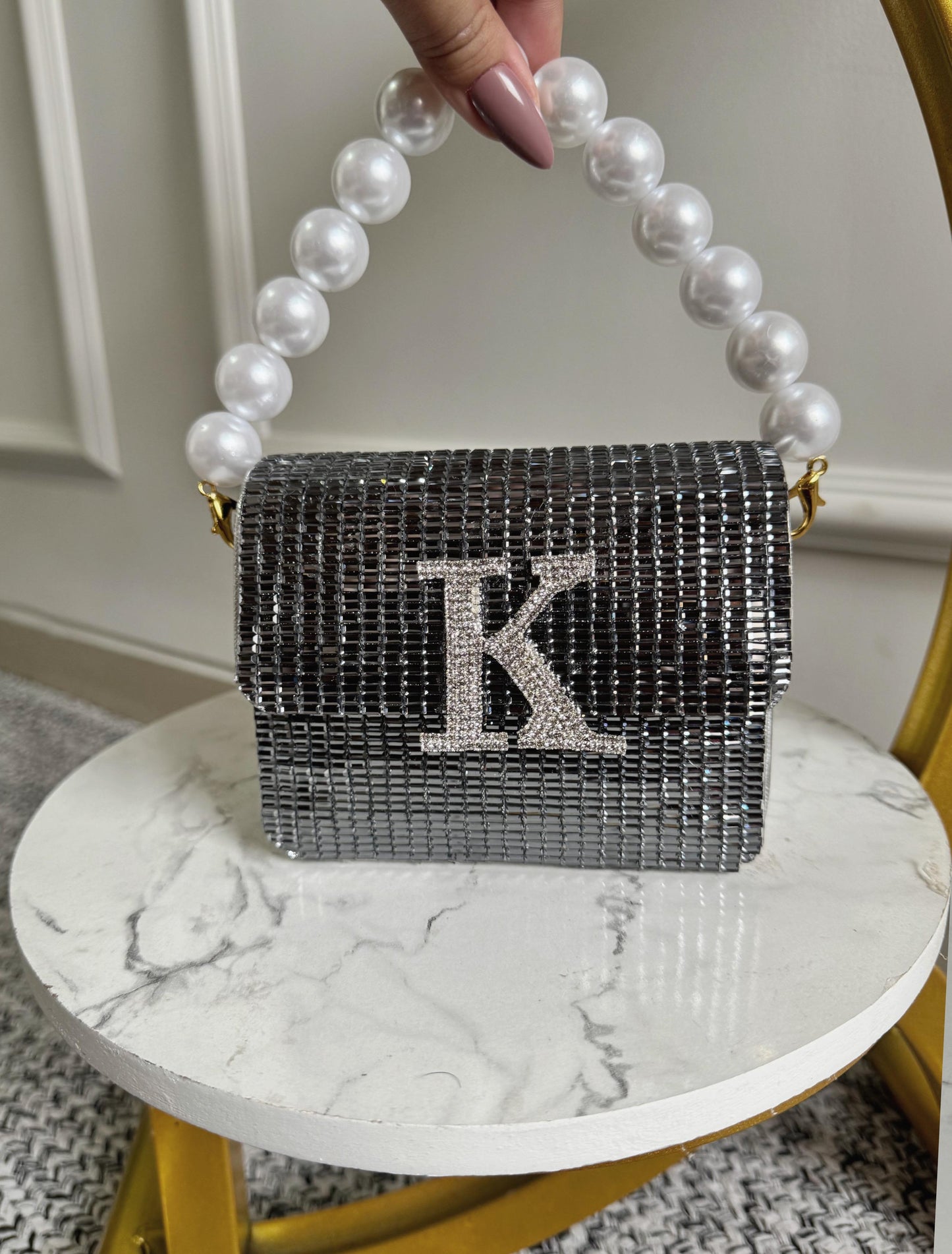 MINI RHINESTONE METALLIC FLAP BAG - GREY