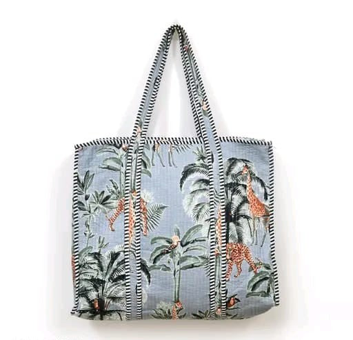 Grey jungle safari print handmade quilted tote bag
