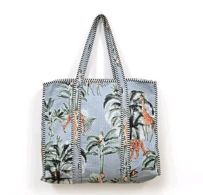 Grey jungle safari print handmade quilted tote bag