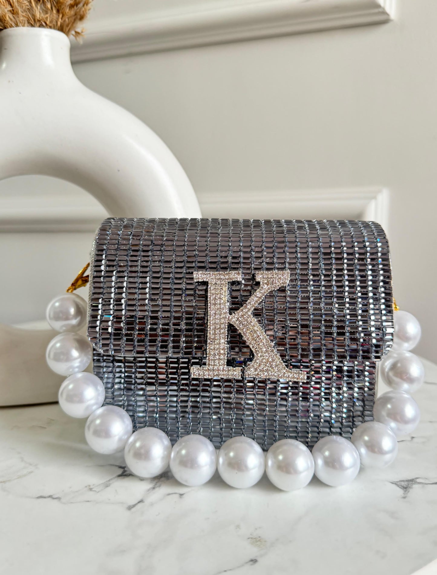 MINI RHINESTONE METALLIC FLAP BAG - GREY