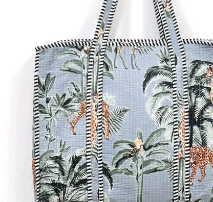 Grey jungle safari print handmade quilted tote bag