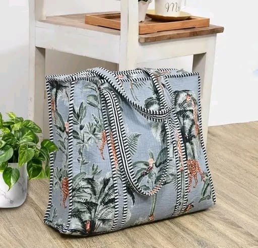Grey jungle safari print handmade quilted tote bag