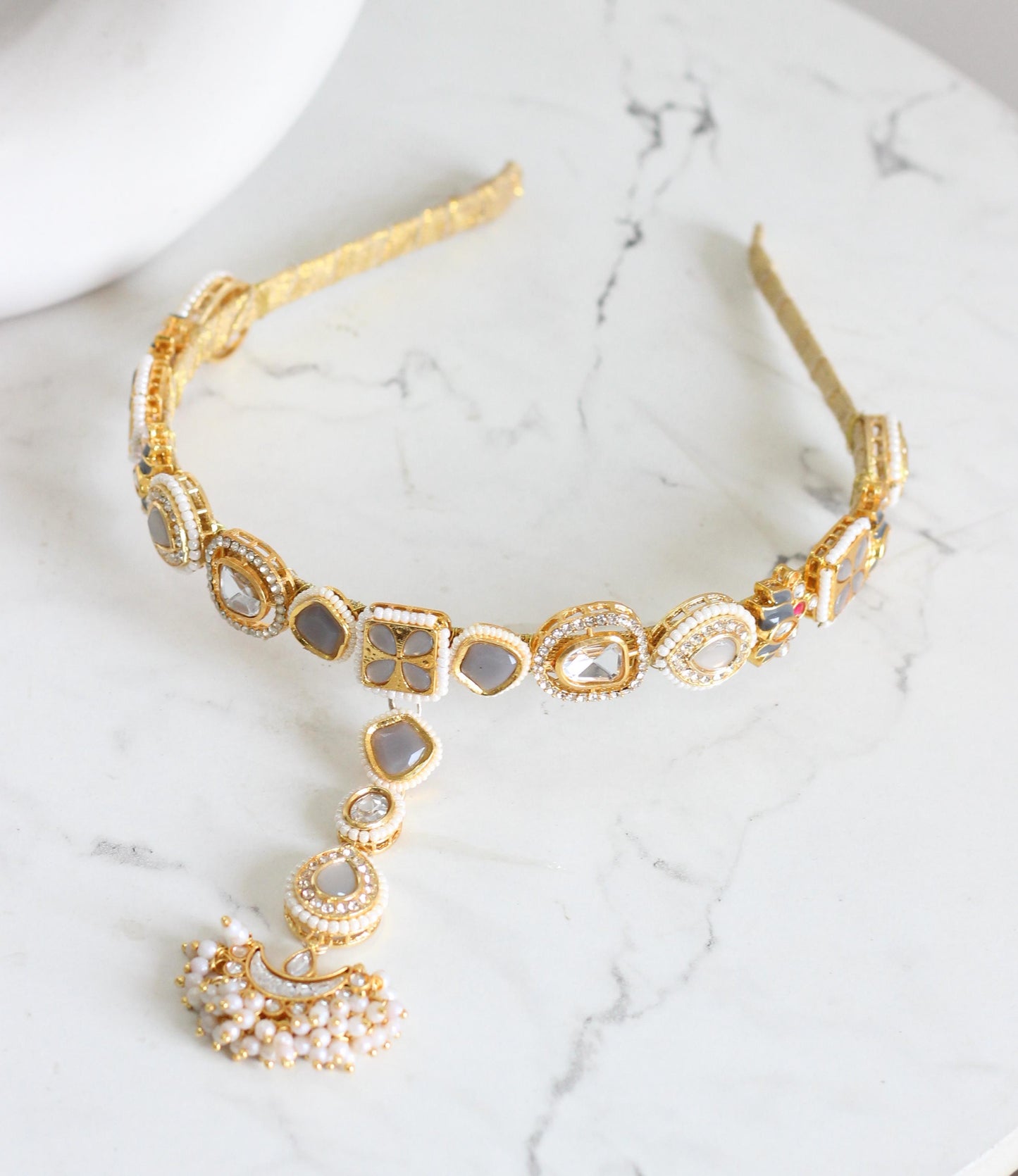 Grey kundan headband with maang teeka
