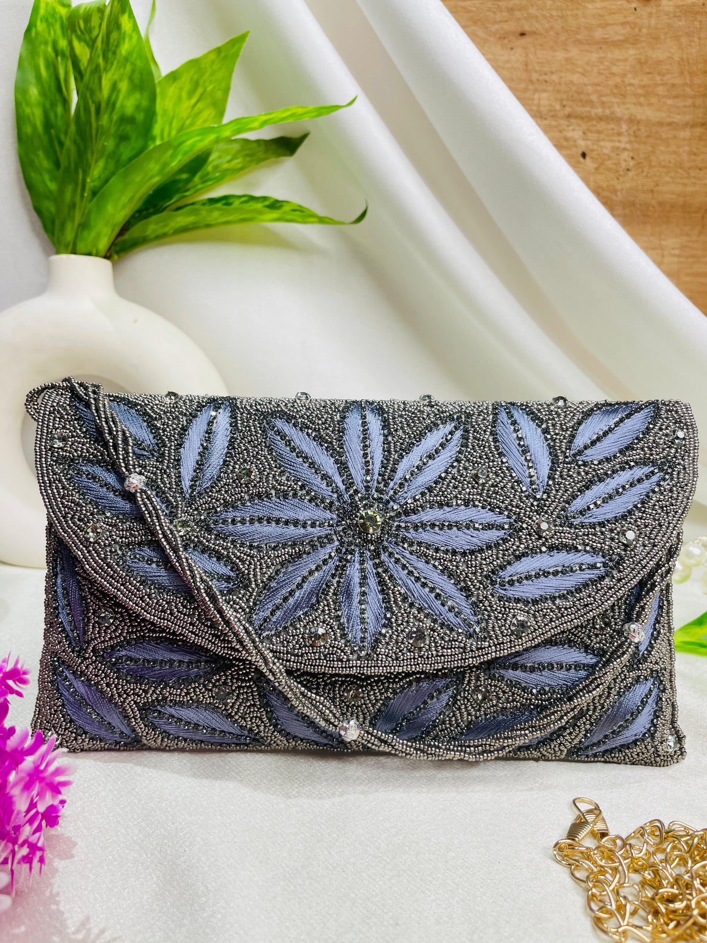 Resham and bead work classy flap clutch