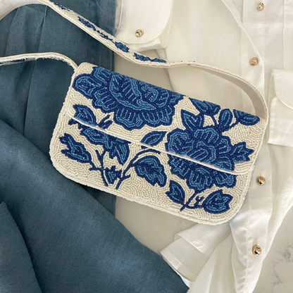 Handmade Beaded Shoulder Bag, Azure Bloom, Blue