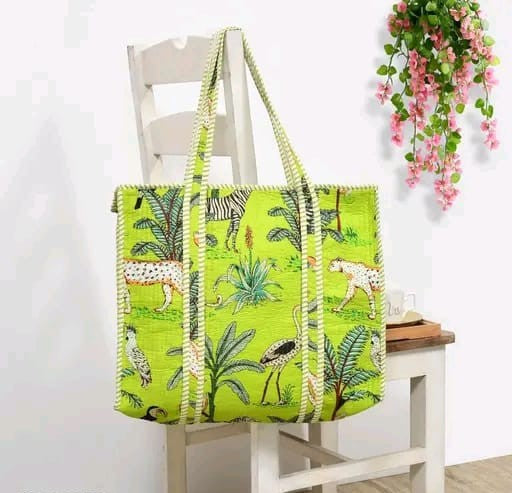 Lime green jungle safari print handmade quilted tote bag