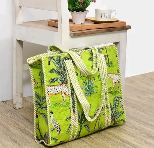 Lime green jungle safari print handmade quilted tote bag