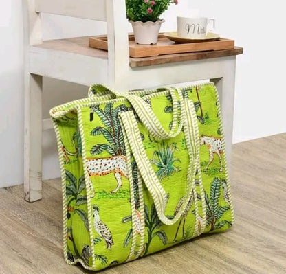 Lime green jungle safari print handmade quilted tote bag