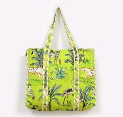 Lime green jungle safari print handmade quilted tote bag