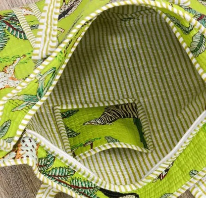 Lime green jungle safari print handmade quilted tote bag