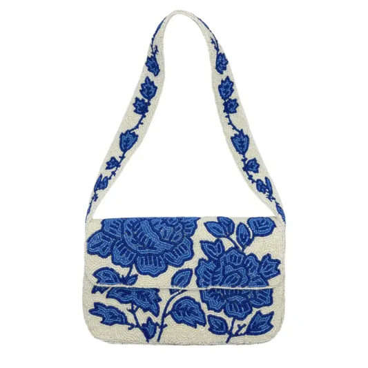 Handmade Beaded Shoulder Bag, Azure Bloom, Blue