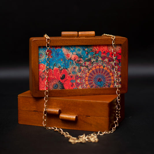 Mandala printed multicolor wooden clutch