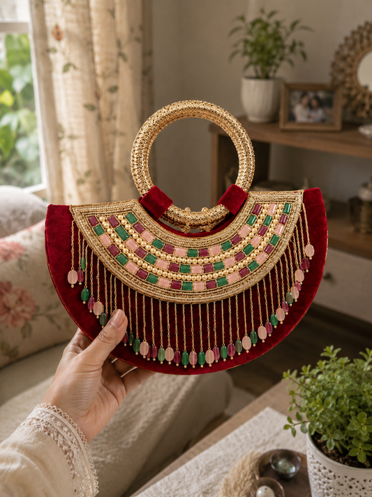 Moon clutch with golden handle and tassels