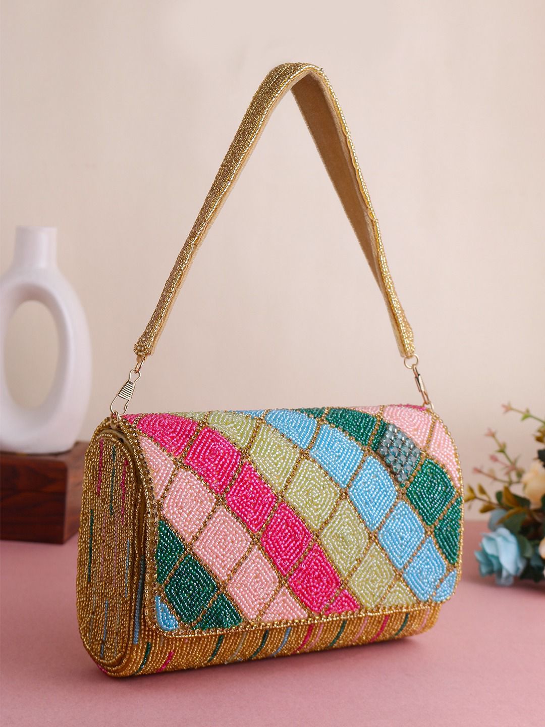 Multi color beadwork box flap bag with golden handle