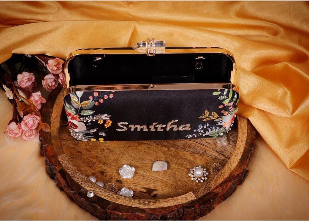 Black classy customised handwork on printed clutch