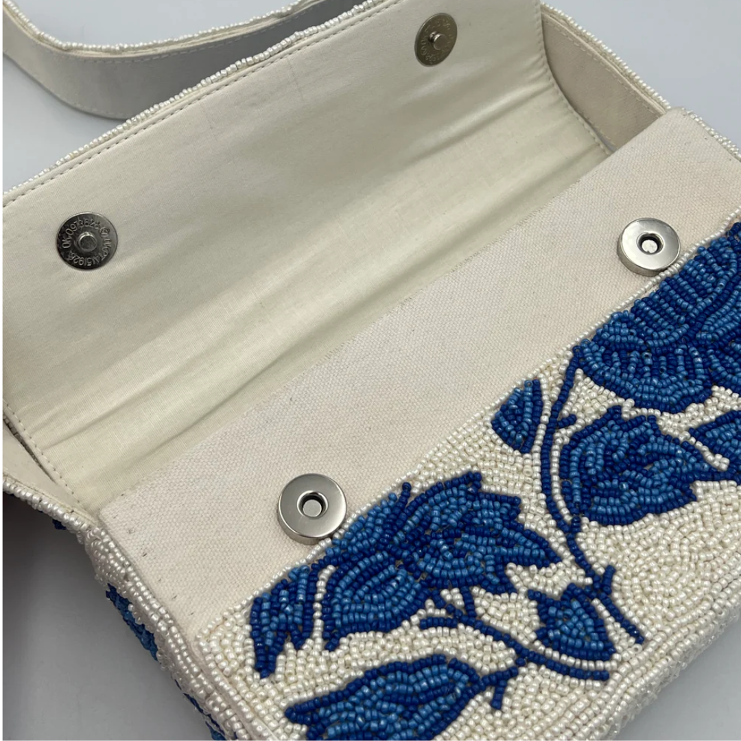 Handmade Beaded Shoulder Bag, Azure Bloom, Blue