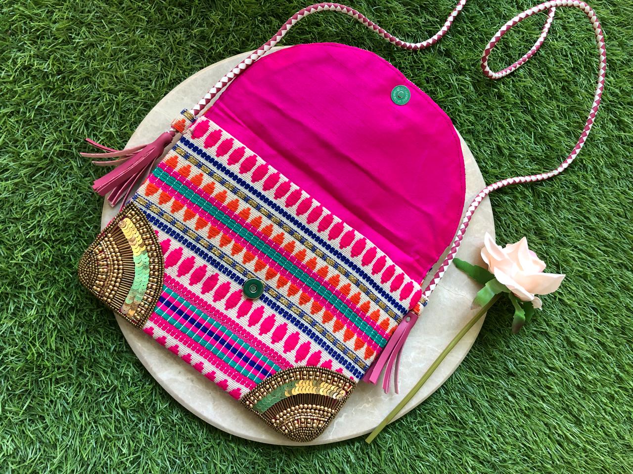 Pink boho bag with copper work