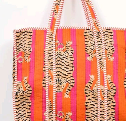 Orange tiger animal print handmade quilted tote bag