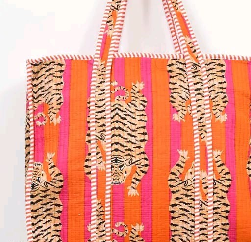 Orange tiger animal print handmade quilted tote bag