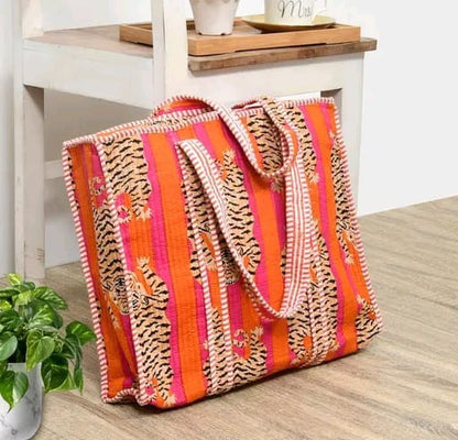 Orange tiger animal print handmade quilted tote bag