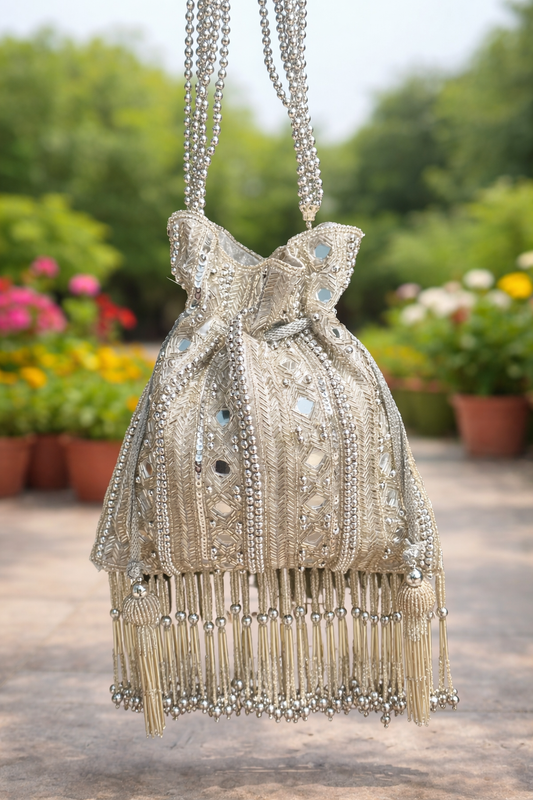 Ornate silver potli with beadwork