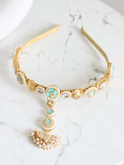 Pastel blue kundan headband with maang teeka