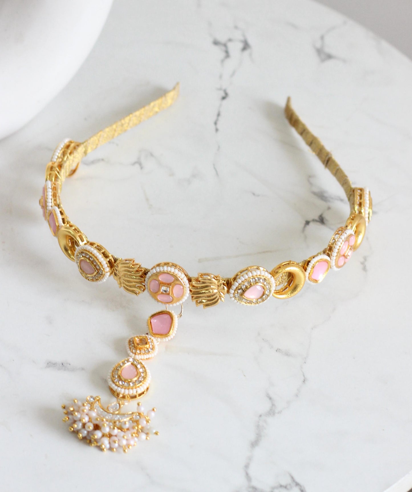 Pastel pink kundan headband with maang teeka