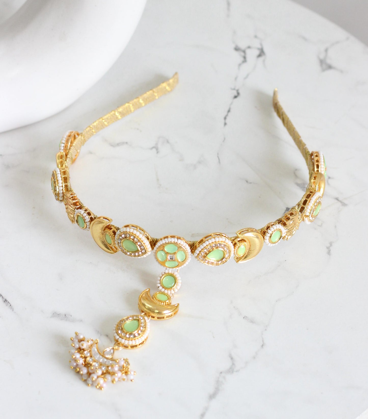 Pista green kundan headband with maang teeka
