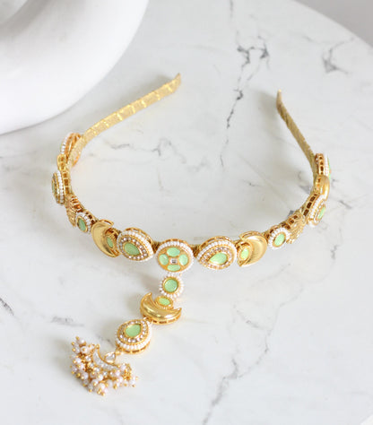 Pista green kundan headband with maang teeka