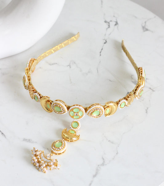 Pista green kundan headband with maang teeka