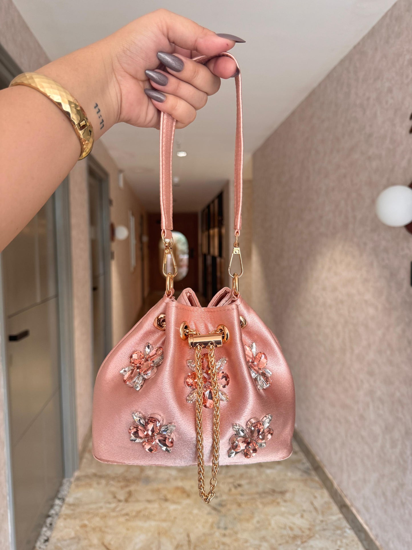 Satin Bucket Bags with Crystals