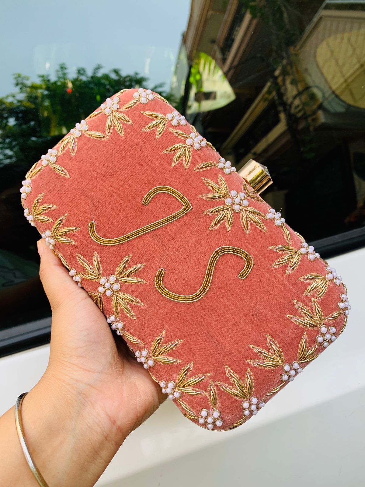 Custom name clutch with golden embroidery - Peach