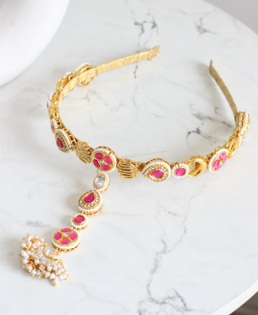 Pink kundan headband with maang teeka