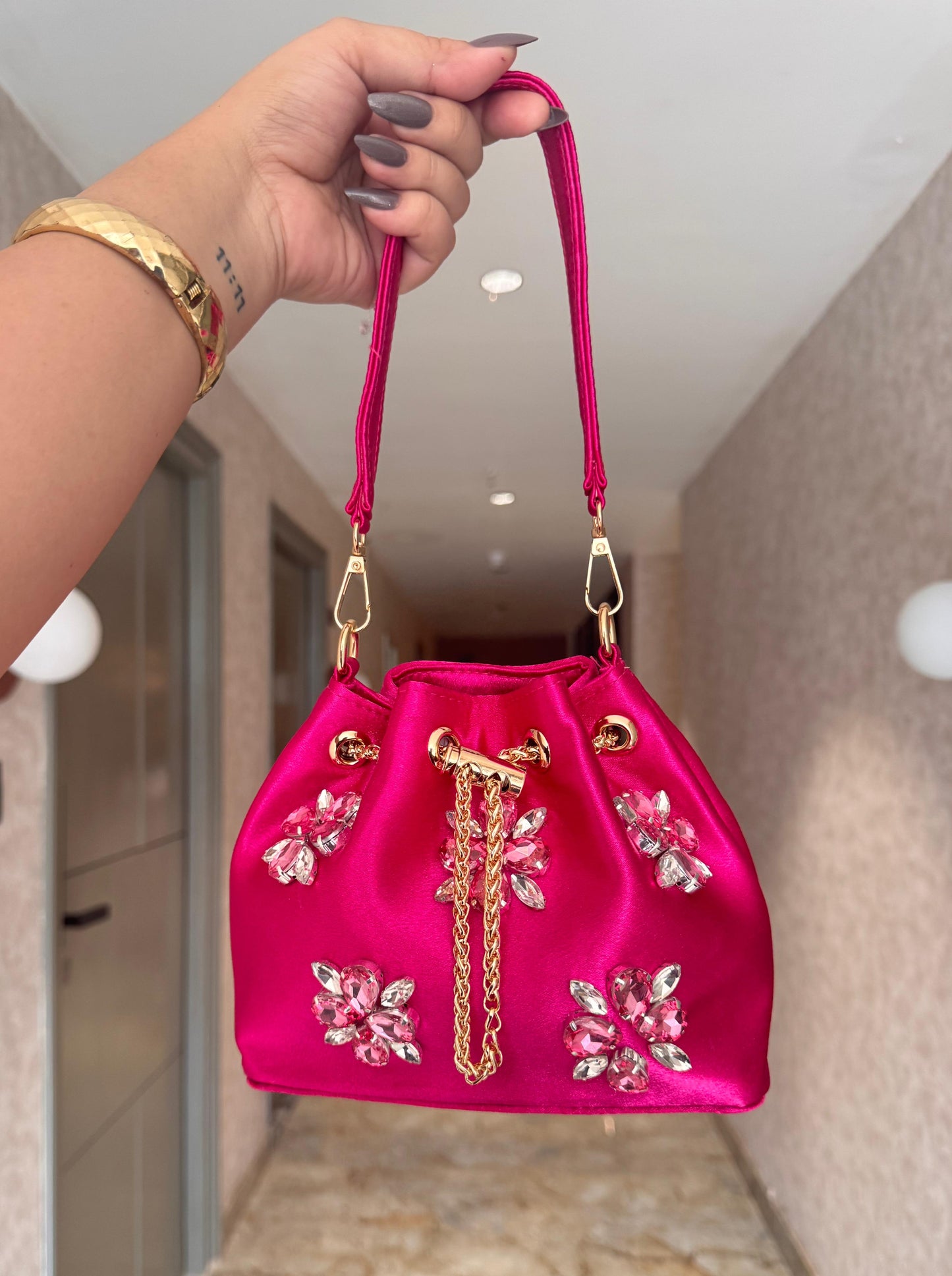 Satin Bucket Bags with Crystals