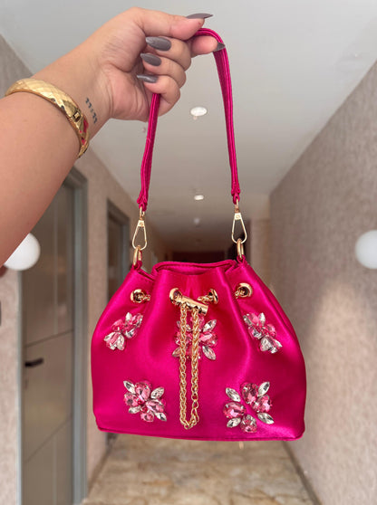 Satin Bucket Bags with Crystals